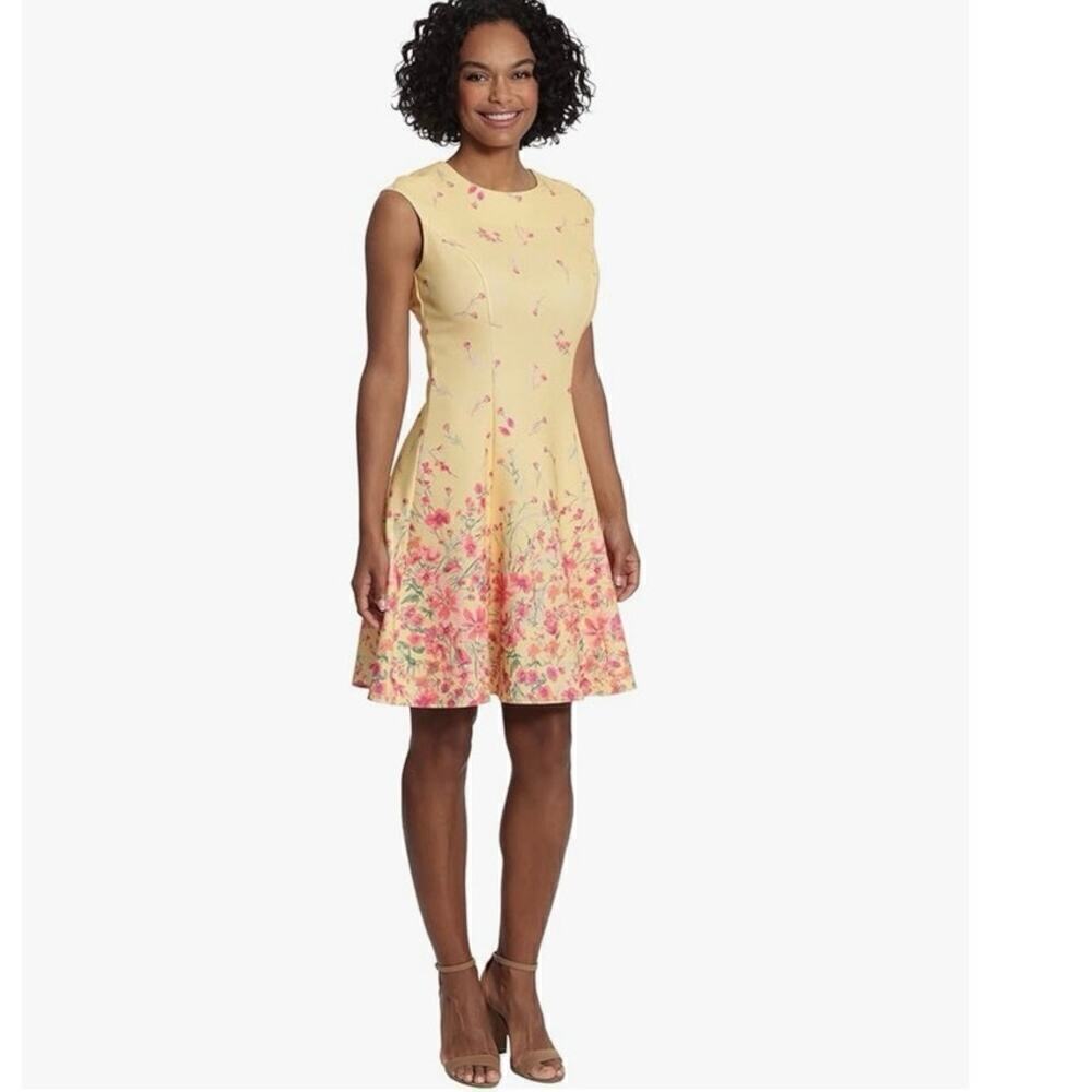MAGGY LONDON NWT Fit To Flare Floral Cap Sleeve Dress In Yellow Coral Size 4